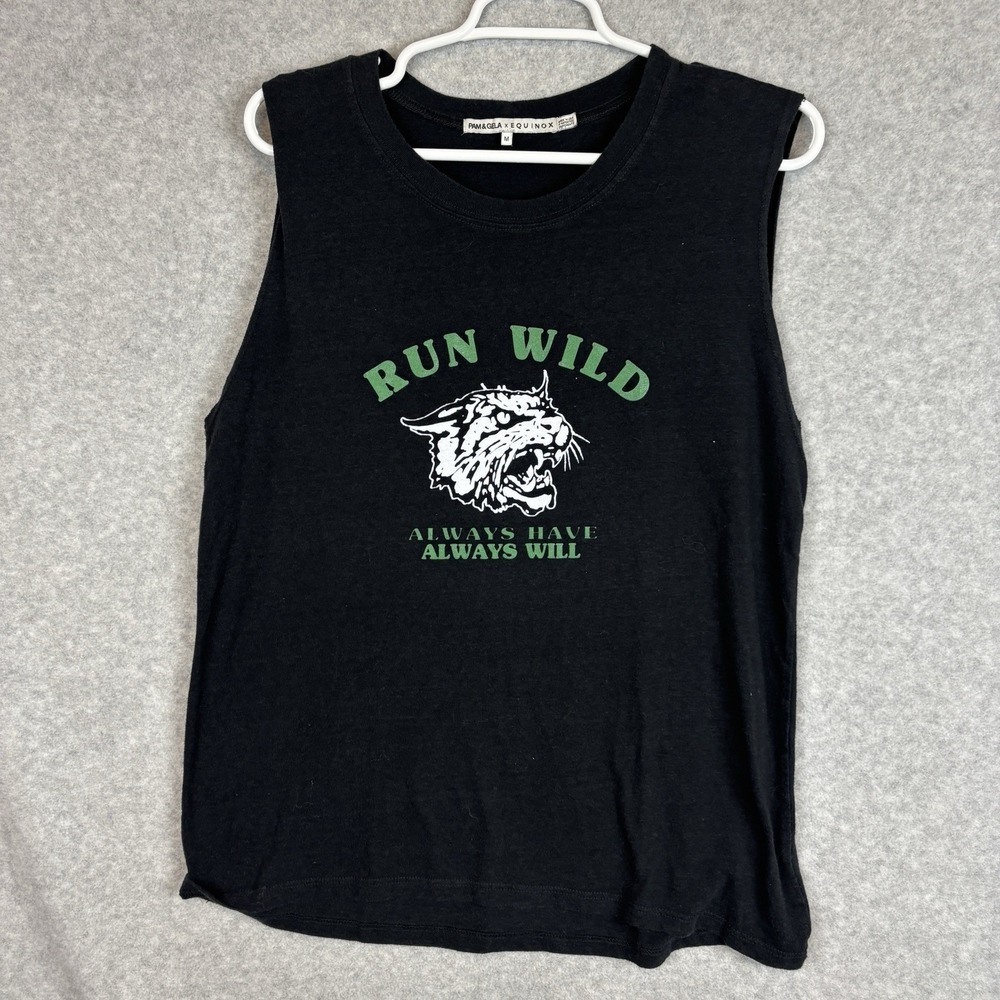 Pam & Gela Equinox Sleeveless T-Shirt Womens Size Medium Run Wild Graphic Black